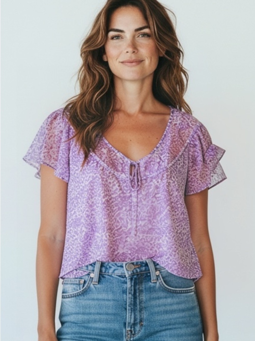 Apt. 9 Lavender Flutter Sleeve Tie-Neck Blouse